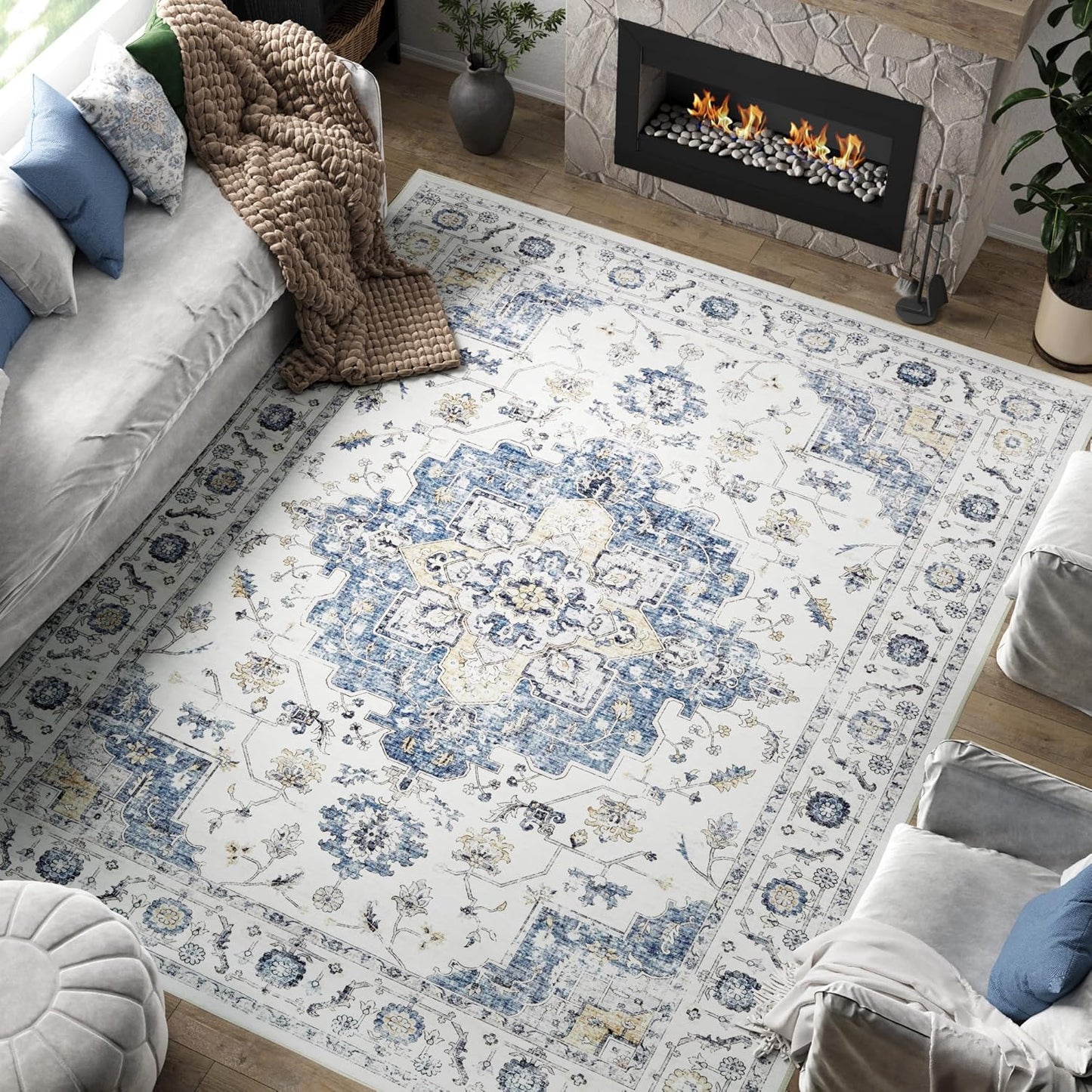 Vintage Washable Area Rug 6x9 for Living Room and Bedroom