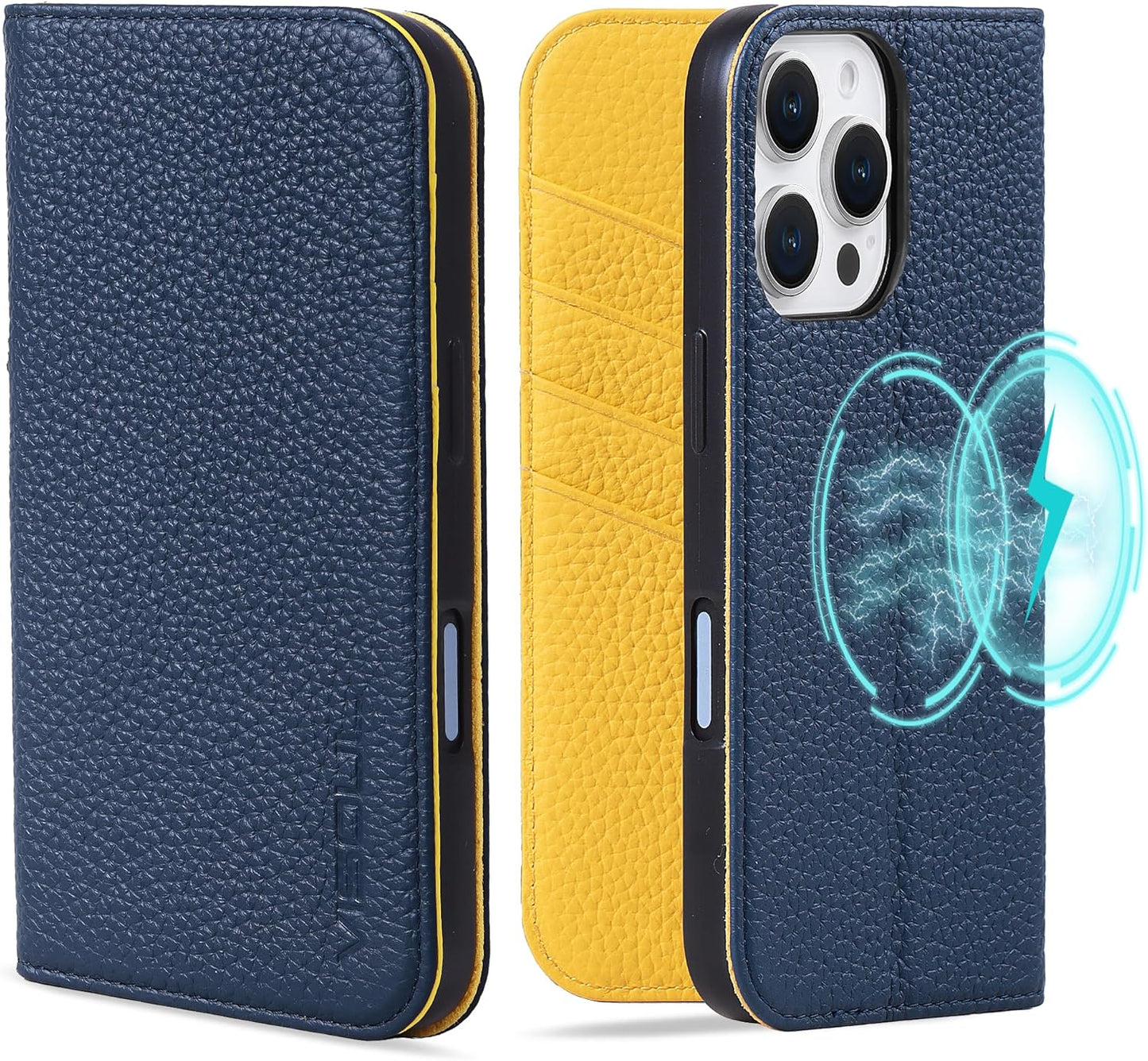 Genuine Leather Wallet Case for iPhone 16 Pro Max - Blue/Yellow