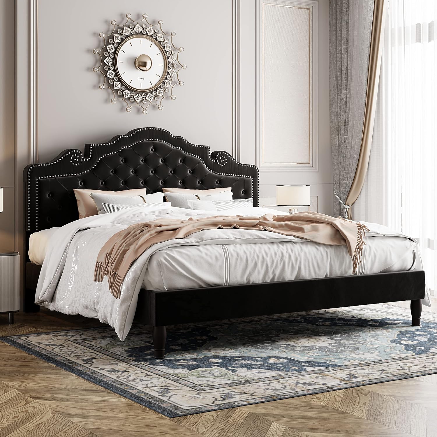 Allewie King Bed Frame with Adjustable Velvet Tiara Headboard