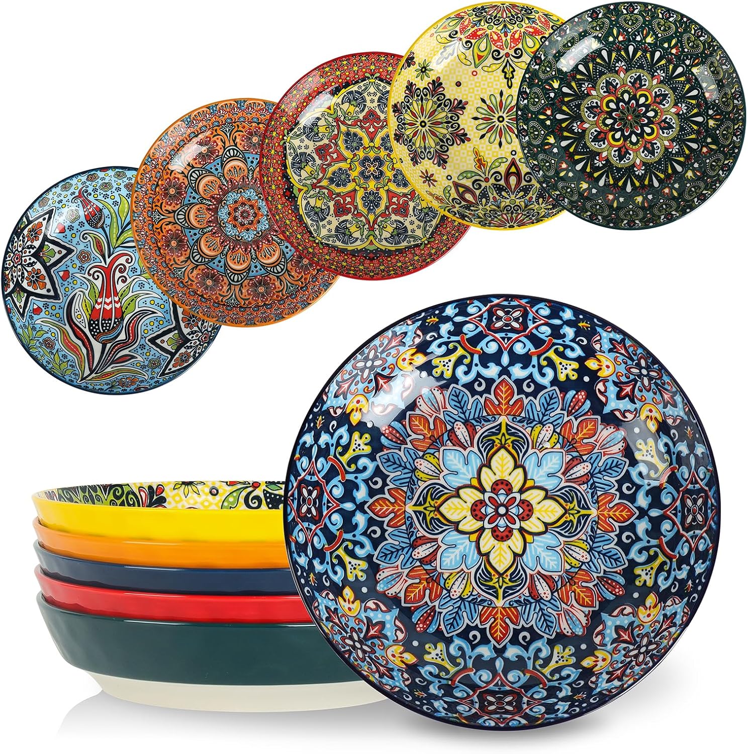 KitchenTour Pasta Bowls Set of 6 - Colorful Ceramic Serving Bowls