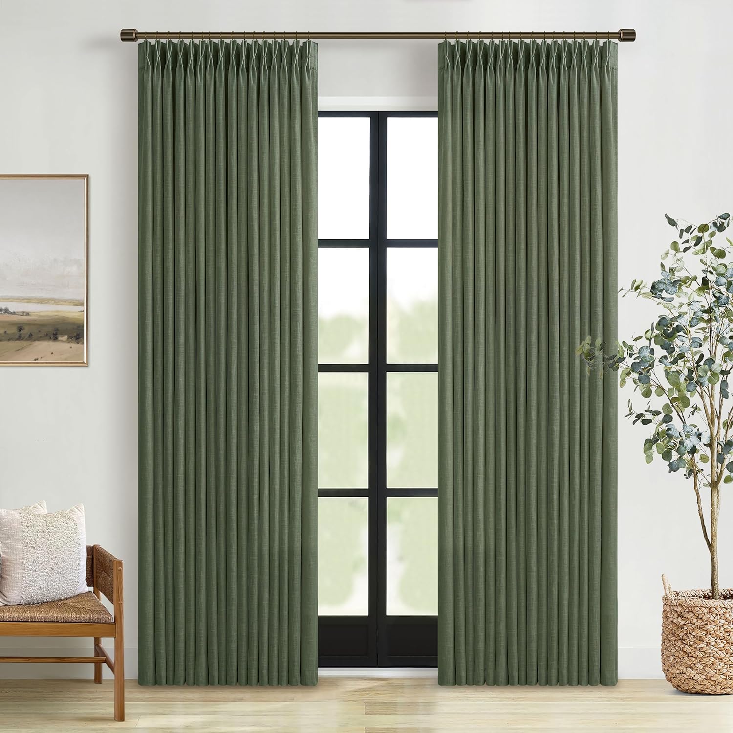 Pinch Pleated Olive Green Linen Curtains for Living Room 84 in