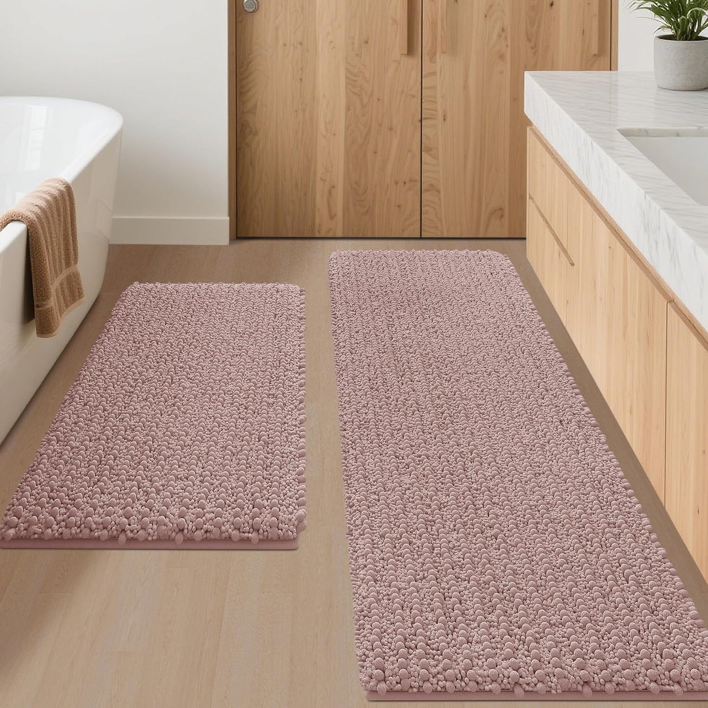 Luxury Chenille Bathroom Rug Mat Set in Dusty Pink for Comfort