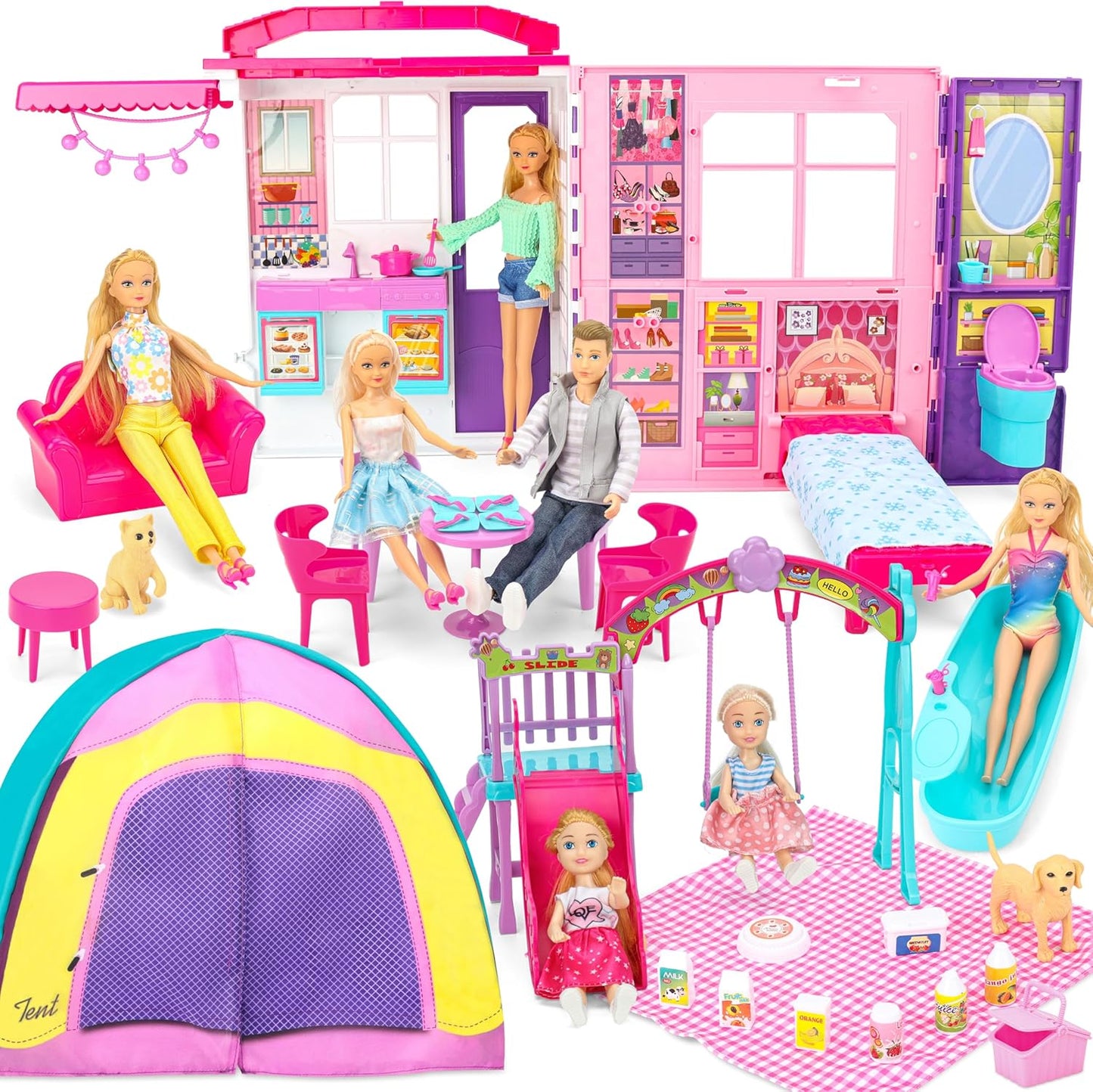 Folding Dollhouse Set: 60+ Pcs, 2 Dolls - Imaginative Play