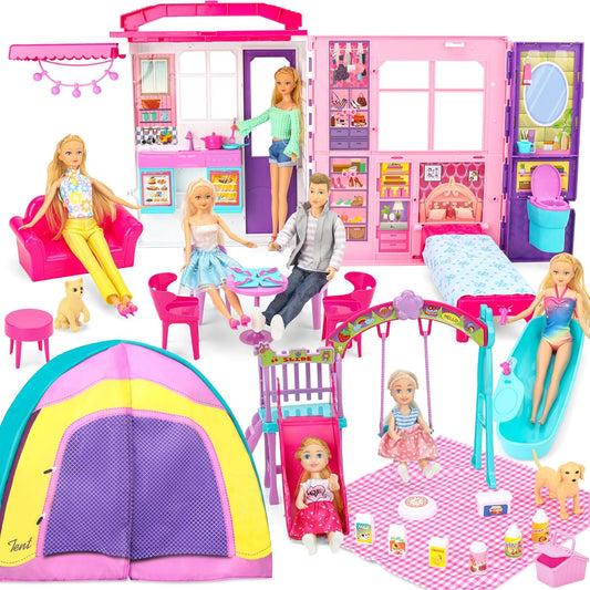 Folding Dollhouse Set: 60+ Pcs, 2 Dolls - Imaginative Play