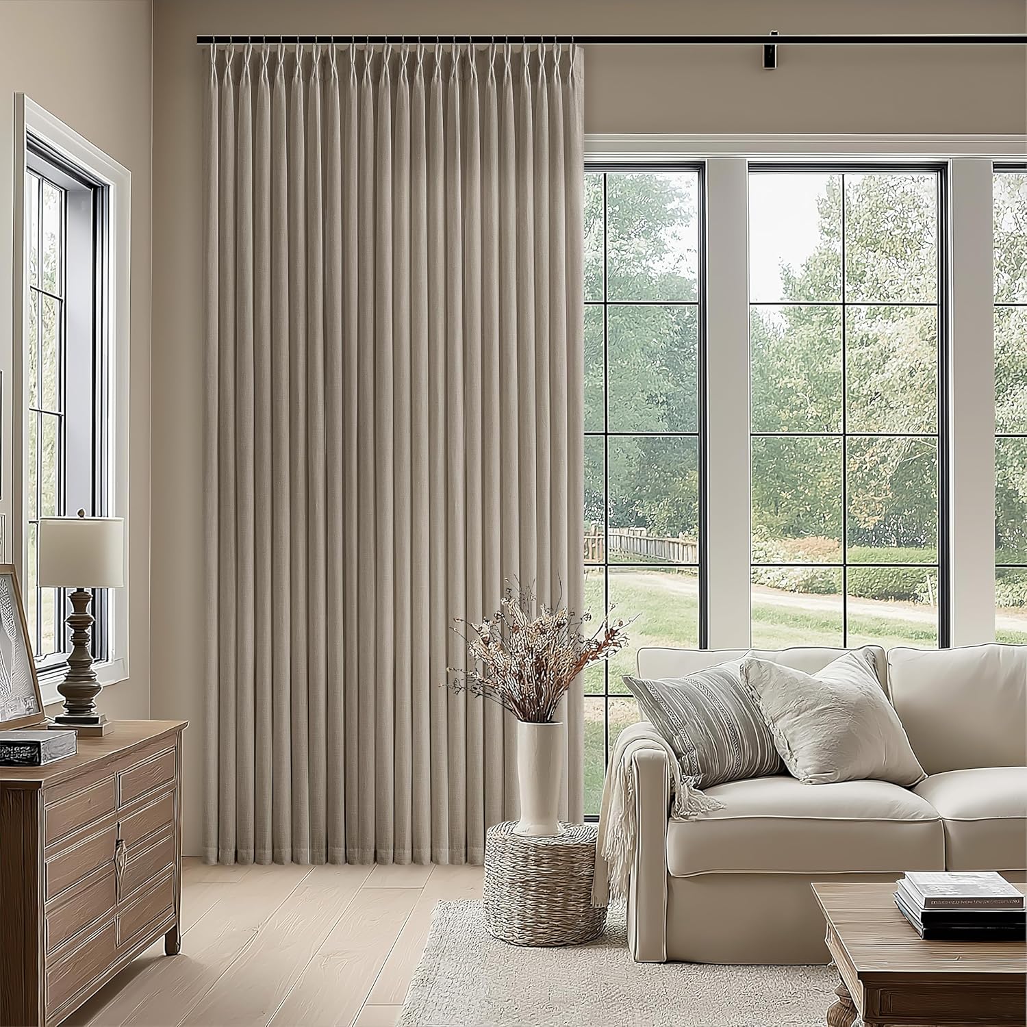 Pinch Pleat Linen Taupe Curtains for Patio Sliding Door