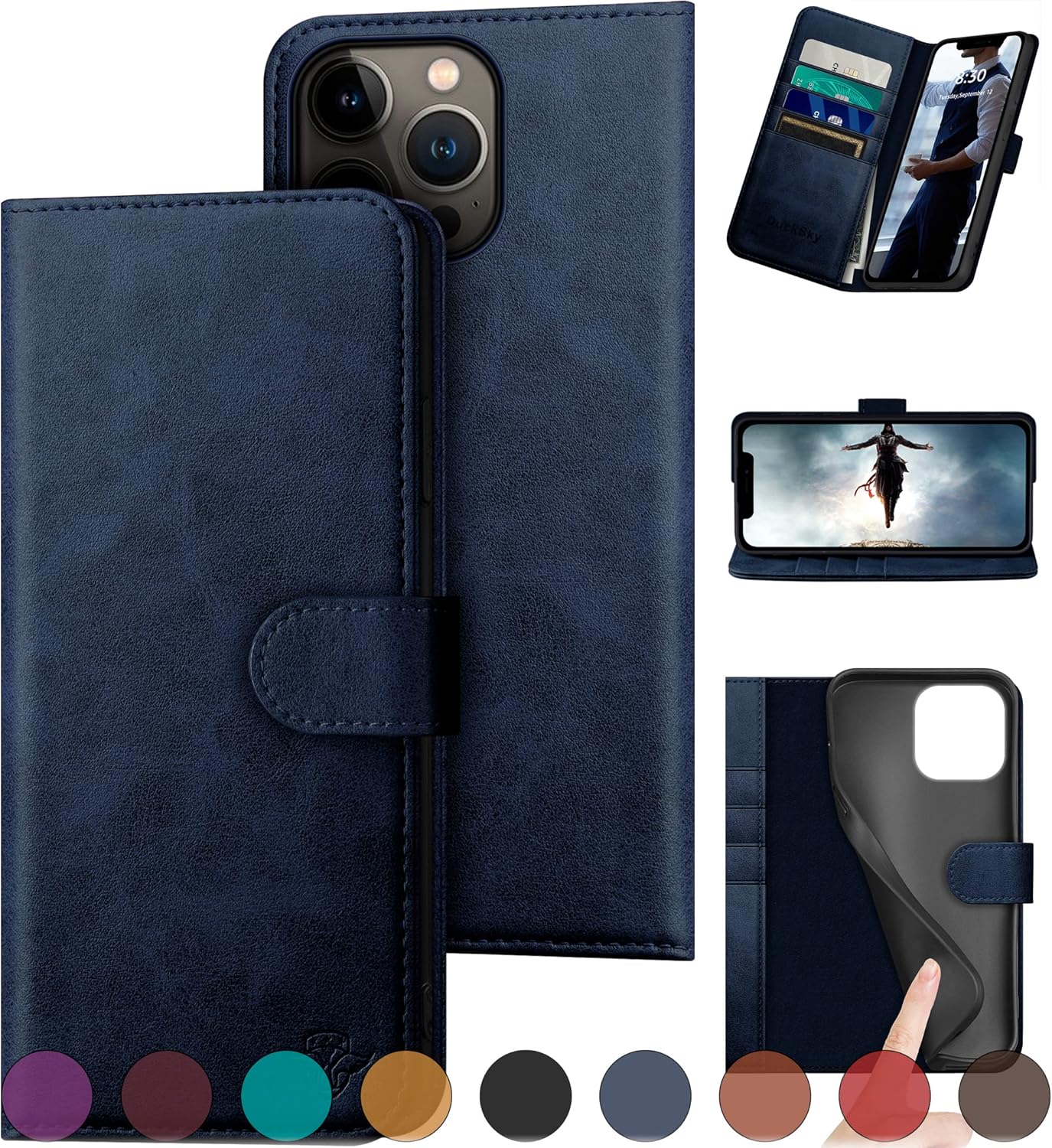 Genuine Leather Wallet Case for iPhone 15 Pro with RFID Blocking