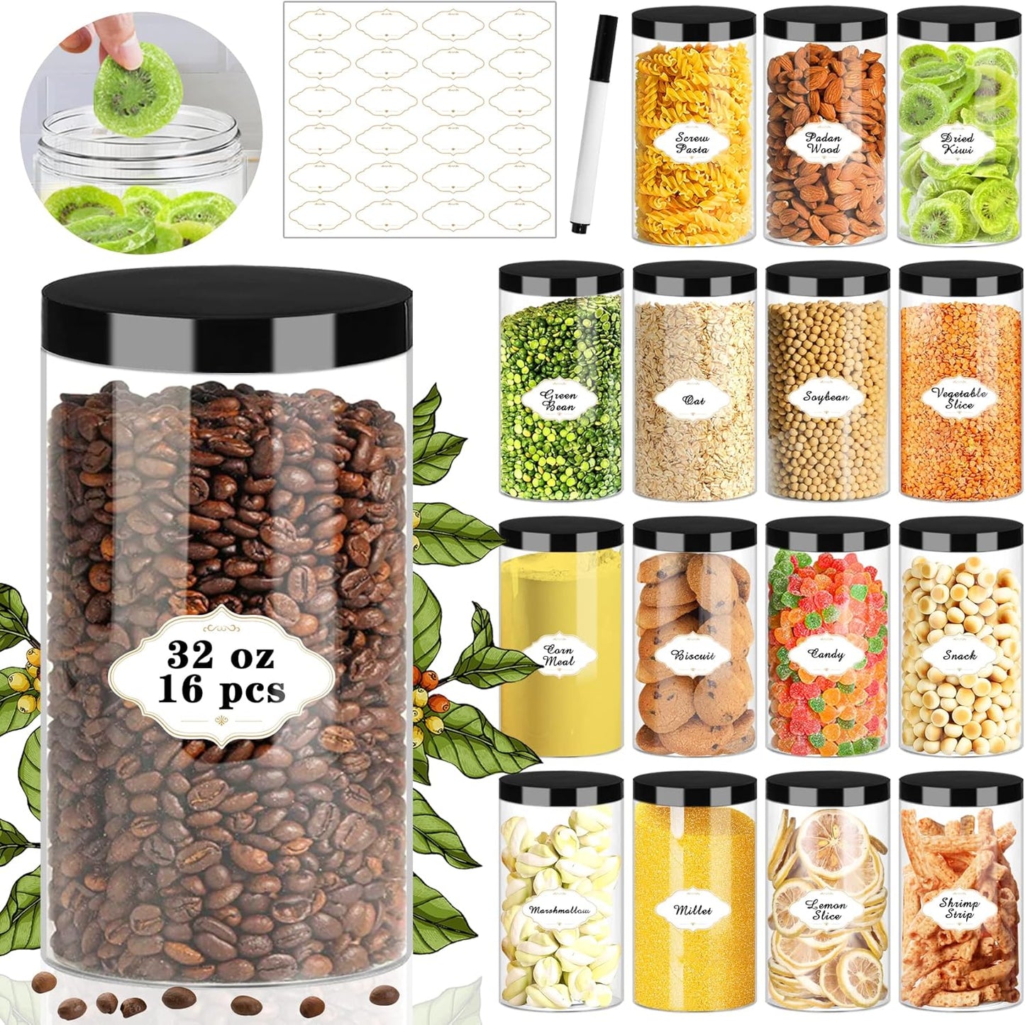 Plastic Jars with Lids for Storage - 16 Pcs 32 OZ Clear Jars