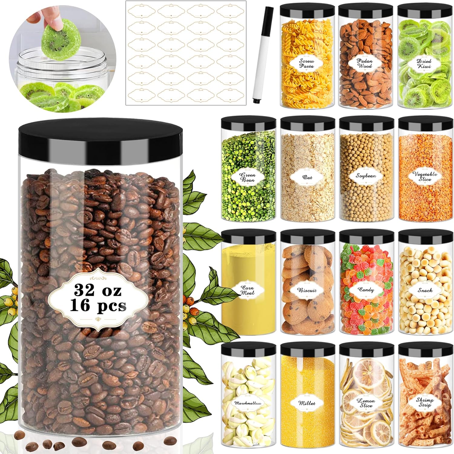 Plastic Jars with Lids for Storage - 16 Pcs 32 OZ Clear Jars