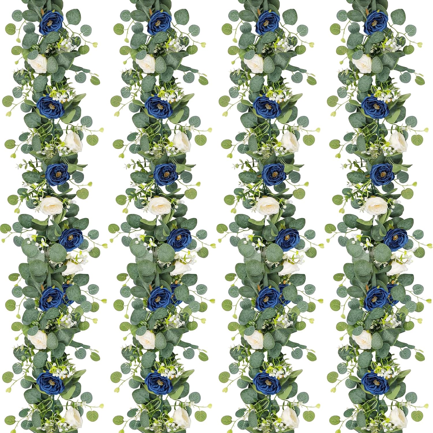 Artificial Eucalyptus Flower Garland with White and Blue Roses