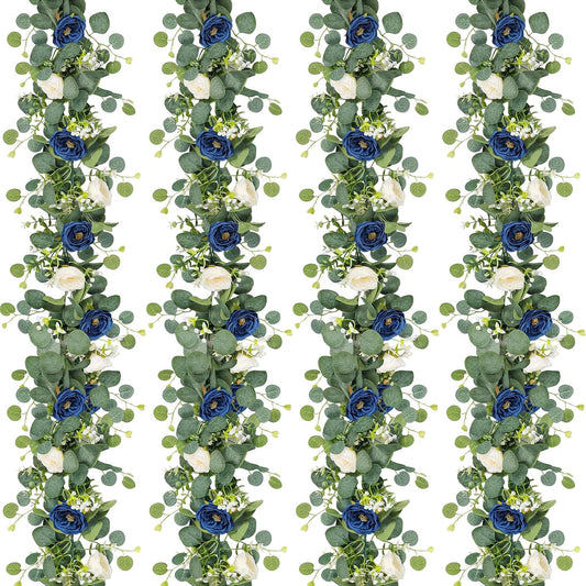 Artificial Eucalyptus Flower Garland with White and Blue Roses