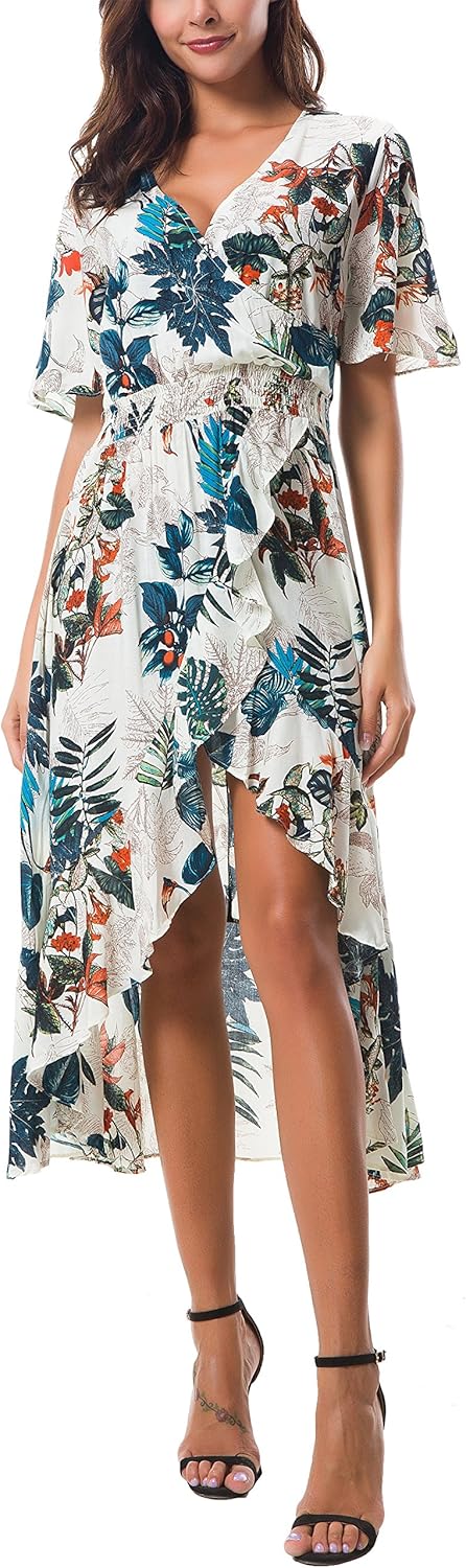Kormei Womens Floral Maxi Dress High Low V-Neck for Parties
