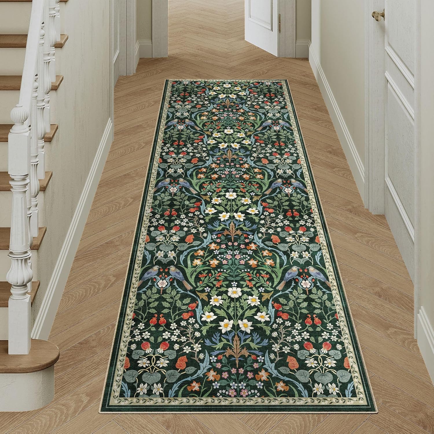 2x6 Washable Dark Green Floral Runner Rug for Living Room