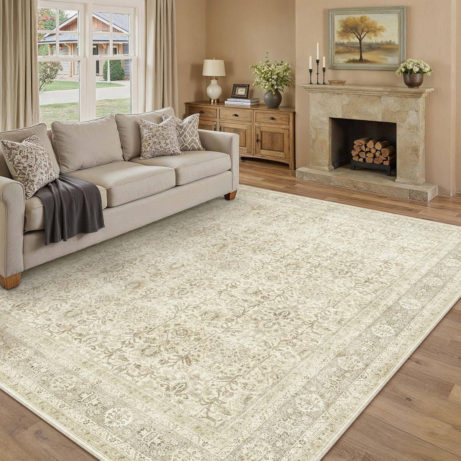 Vintage Area Rug 8x10 Beige Washable for Living Room & Office