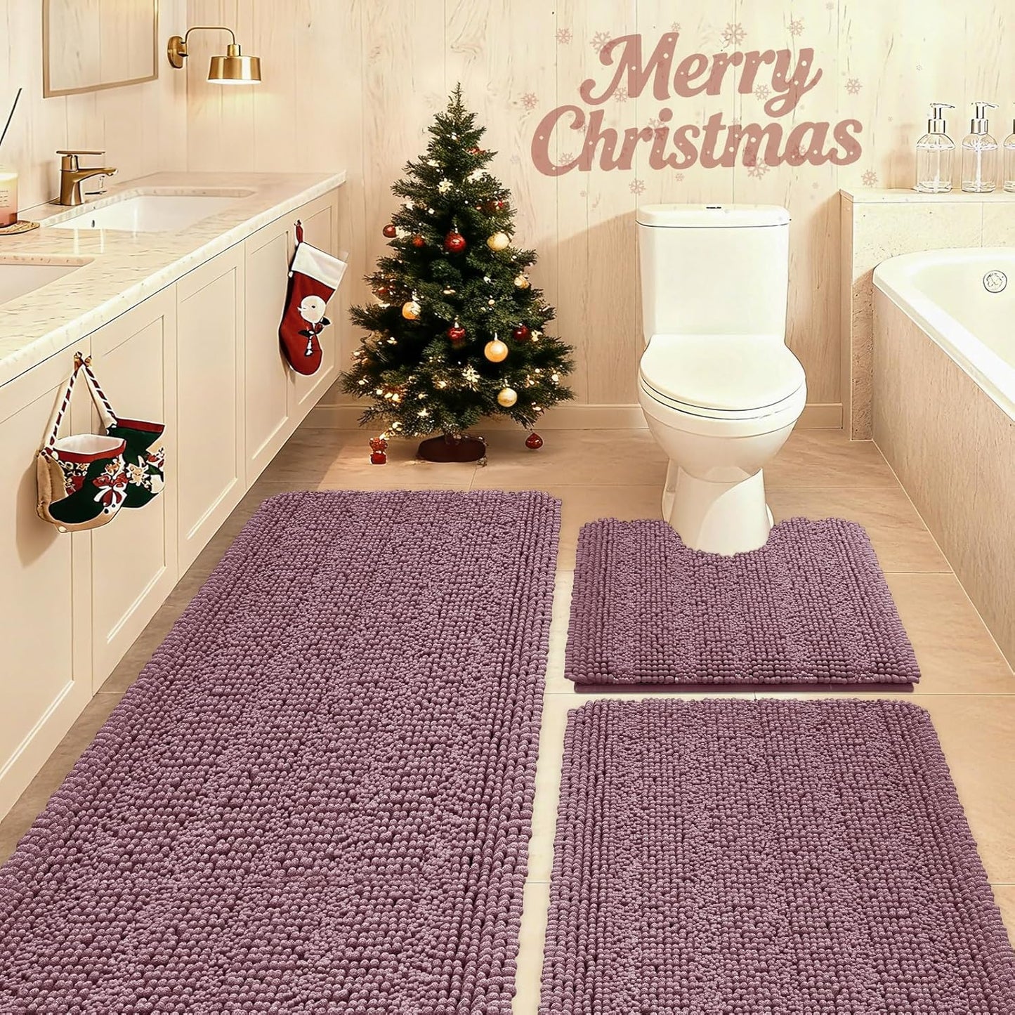 Striped Mauve Bathroom Rug Set 3 Pieces Ultra Soft Chenille