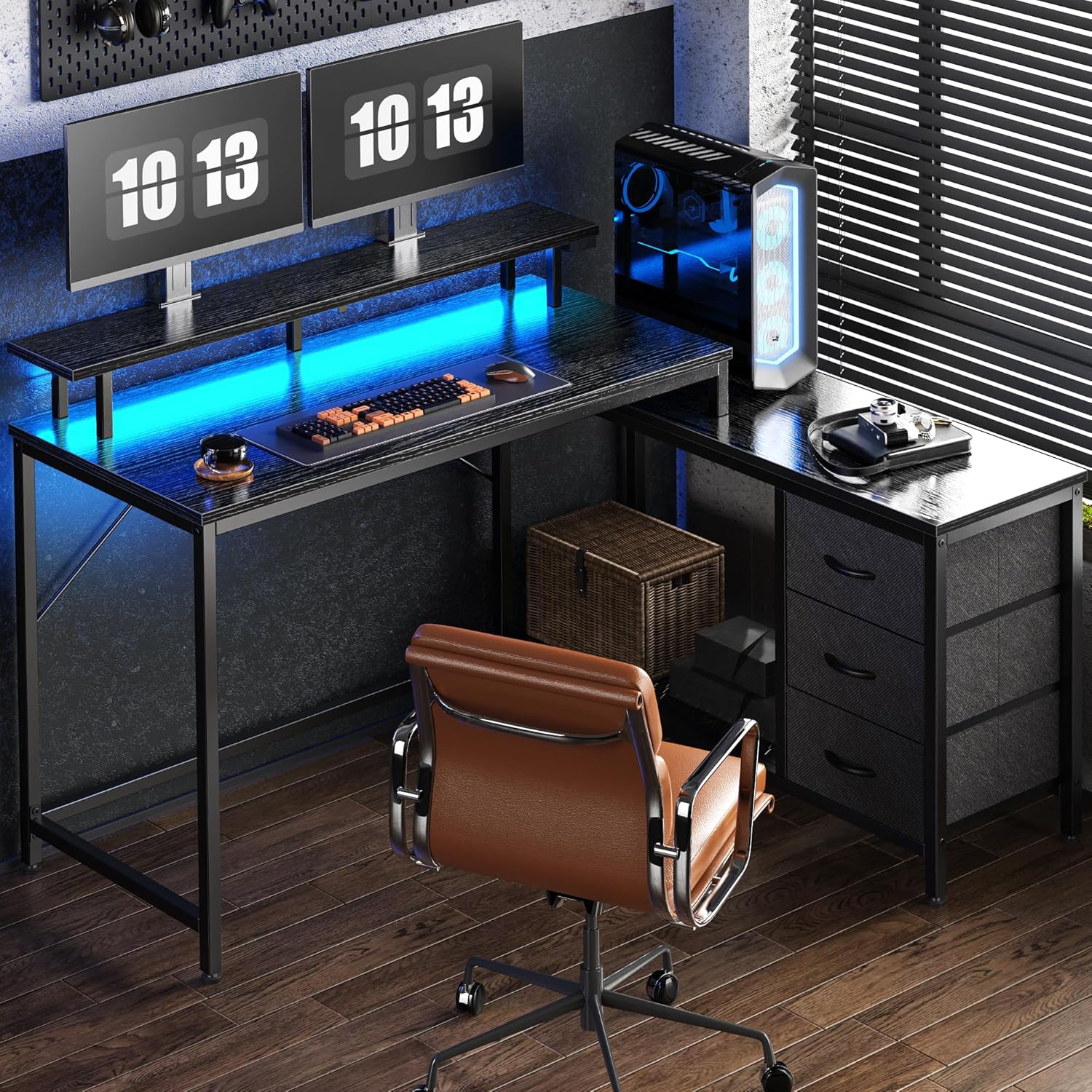 Space-Saving L Desk with LED Lights