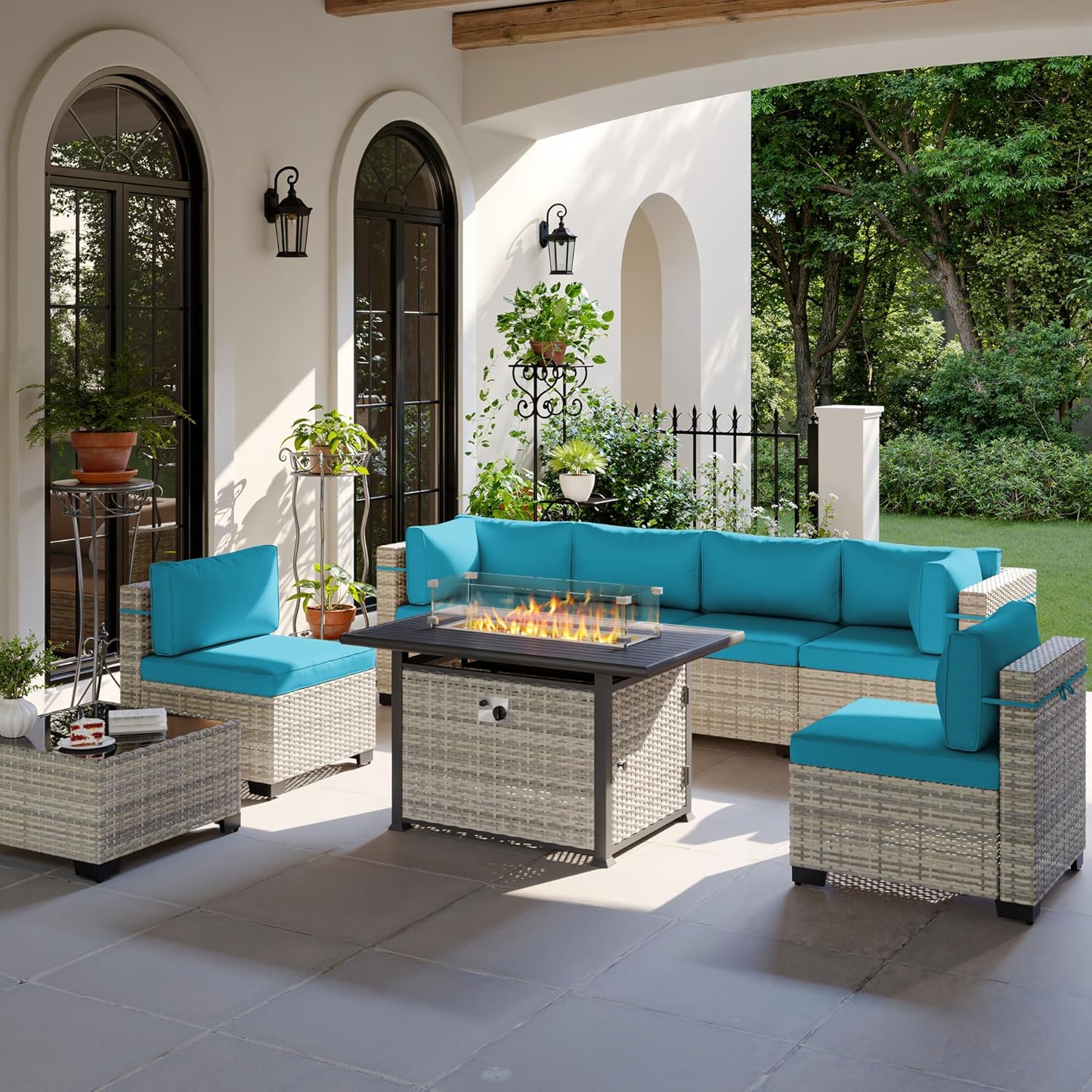 8-Piece Modern Patio Conversation Set with Fire Pit Table