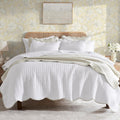 White Twin Quilt Bedding Set - Beige Scalloped Farmhouse Coverlet