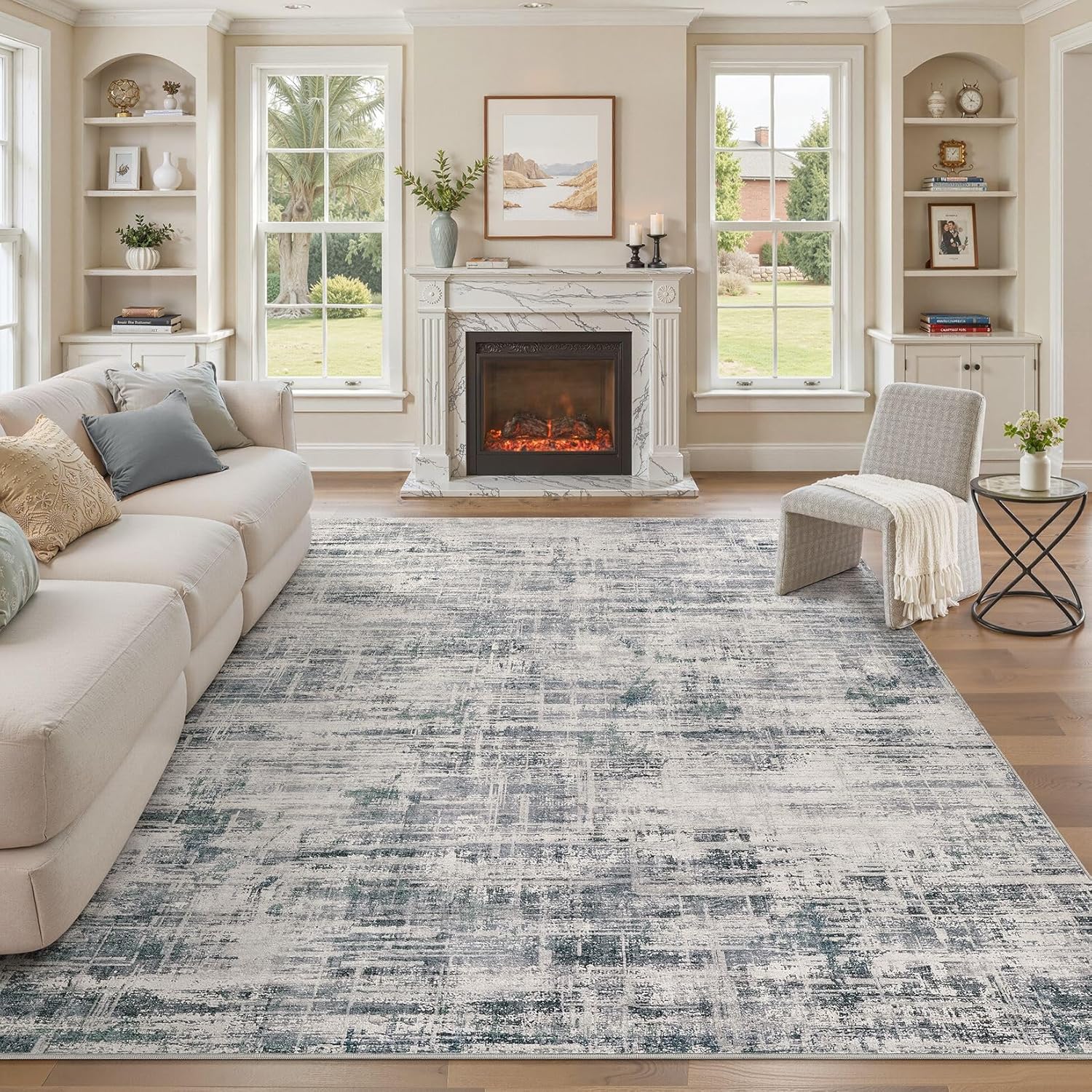 Area Rug for Living Room: 8x10 Washable Neutral Abstract Soft
