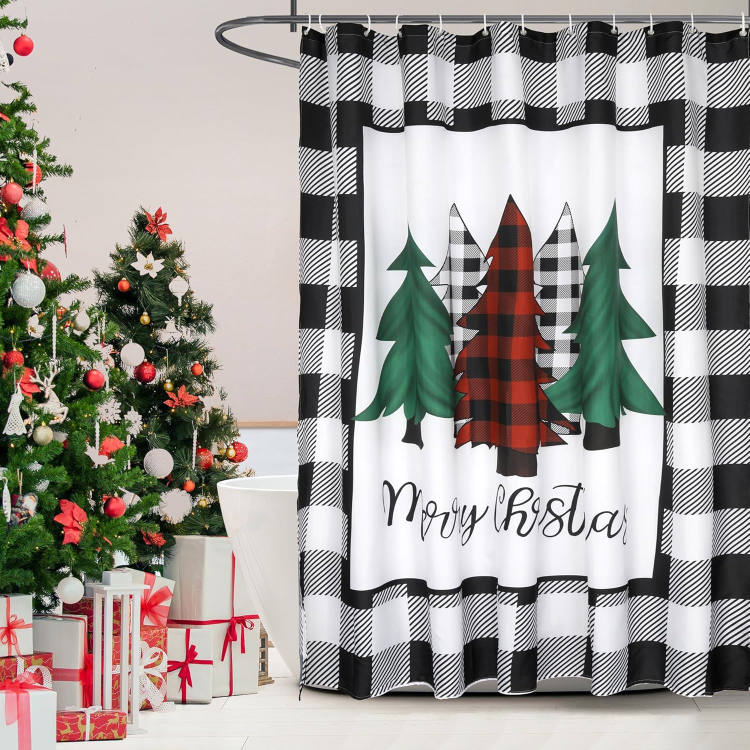 Farmhouse Buffalo Plaid Xmas Shower Curtain Set