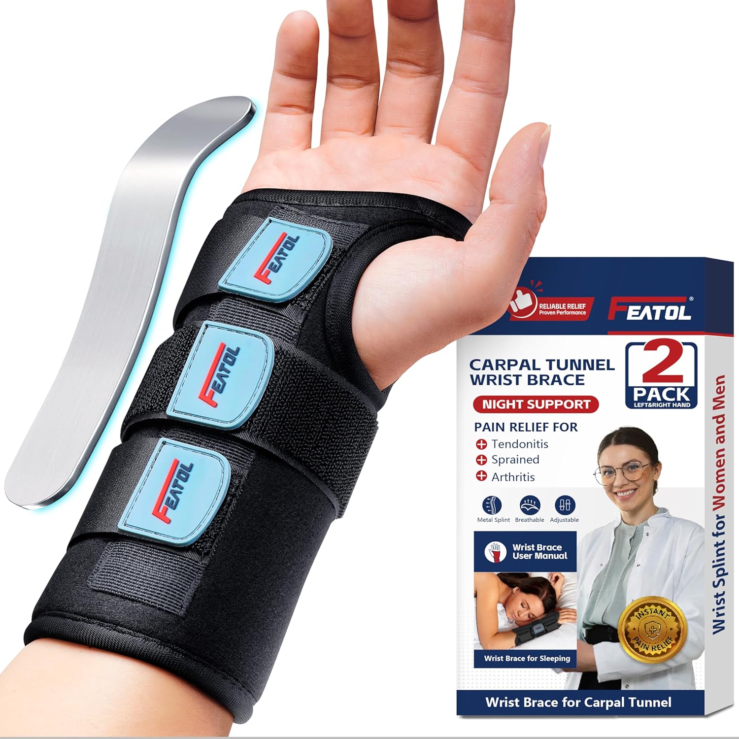 FEATOL Carpal Tunnel Wrist Brace for Pain Relief and Support