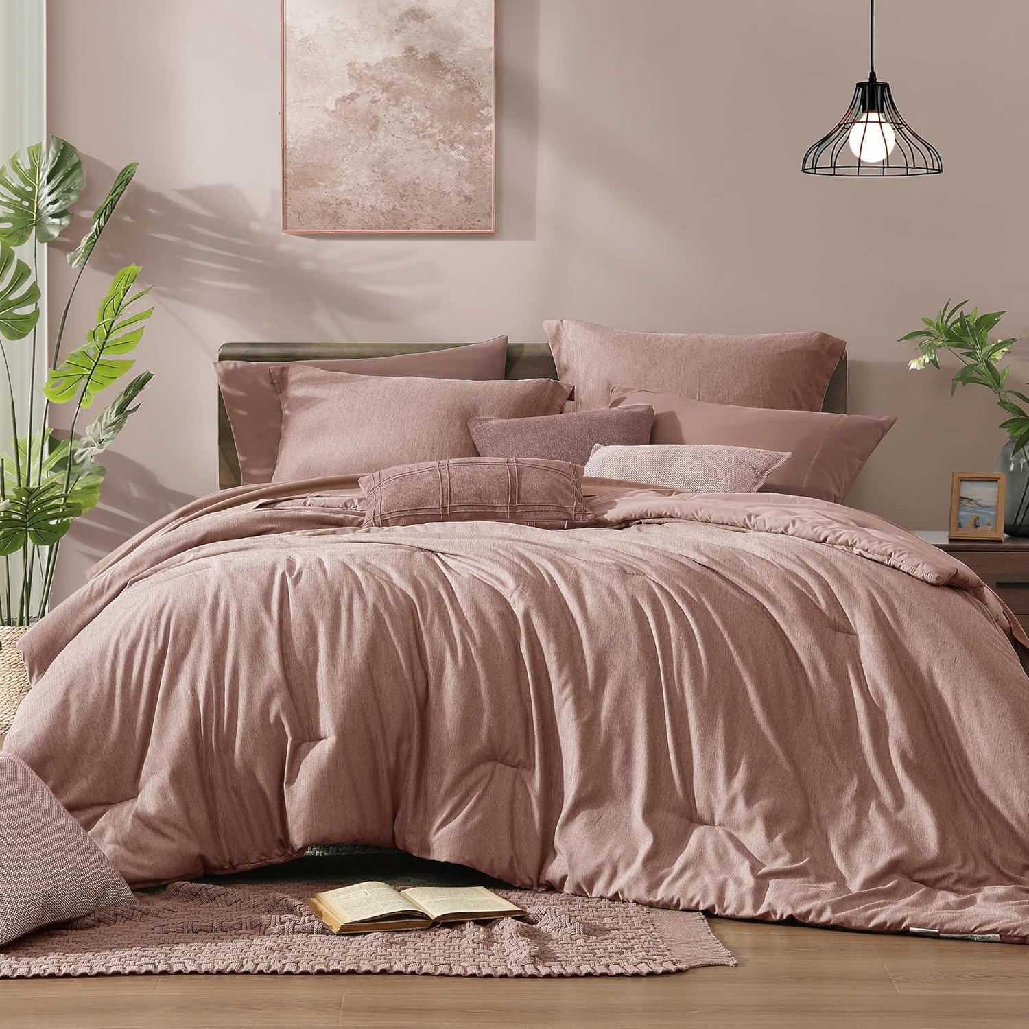 Monbix Queen Comforter Set - 7 Pieces Dusty Pink Bedding