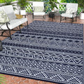 Outdoor Rug 9x18 Waterproof Patio Rug Reversible Boho Navy&White