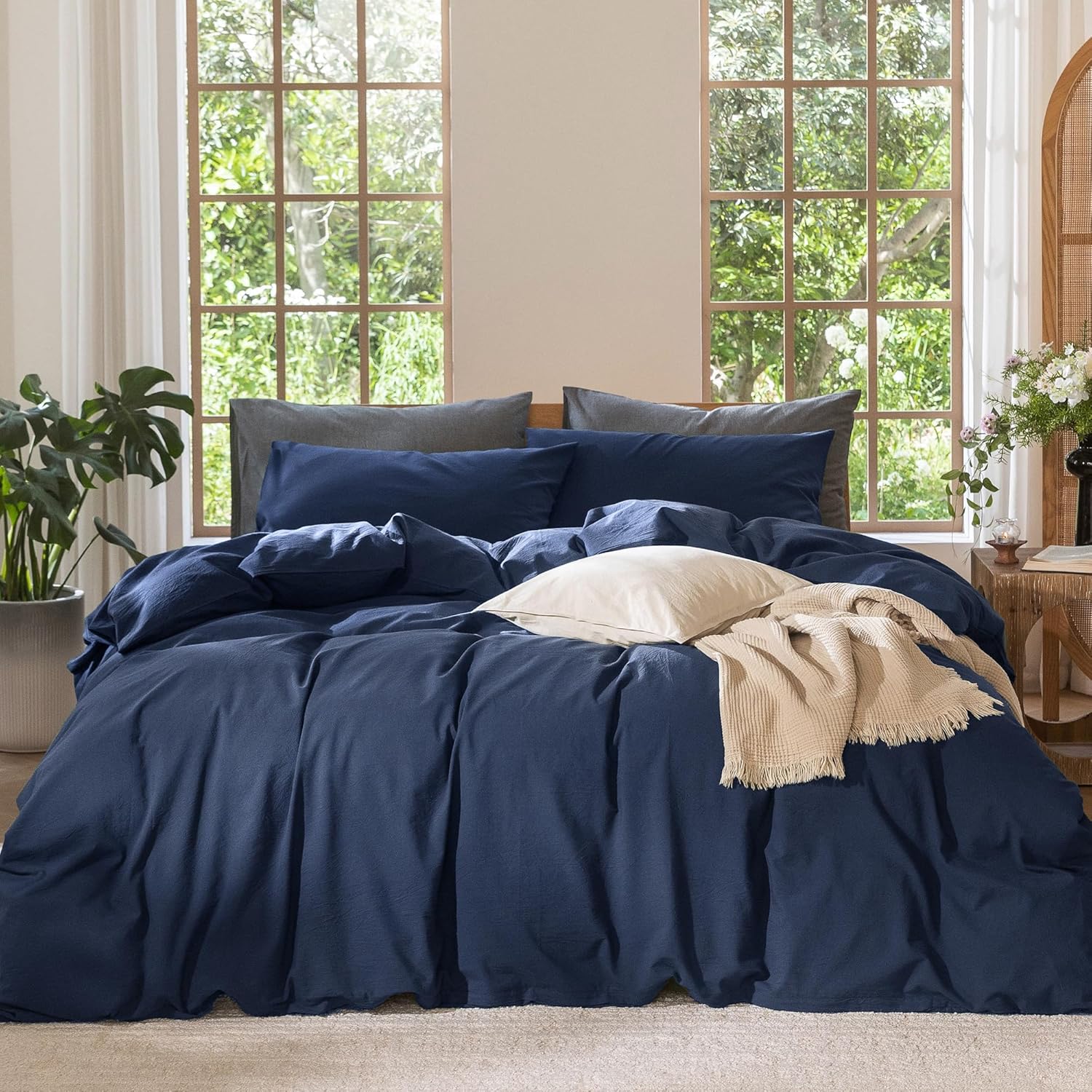 MooMee Bedding Duvet Cover Set in Solid Navy for Queen Size