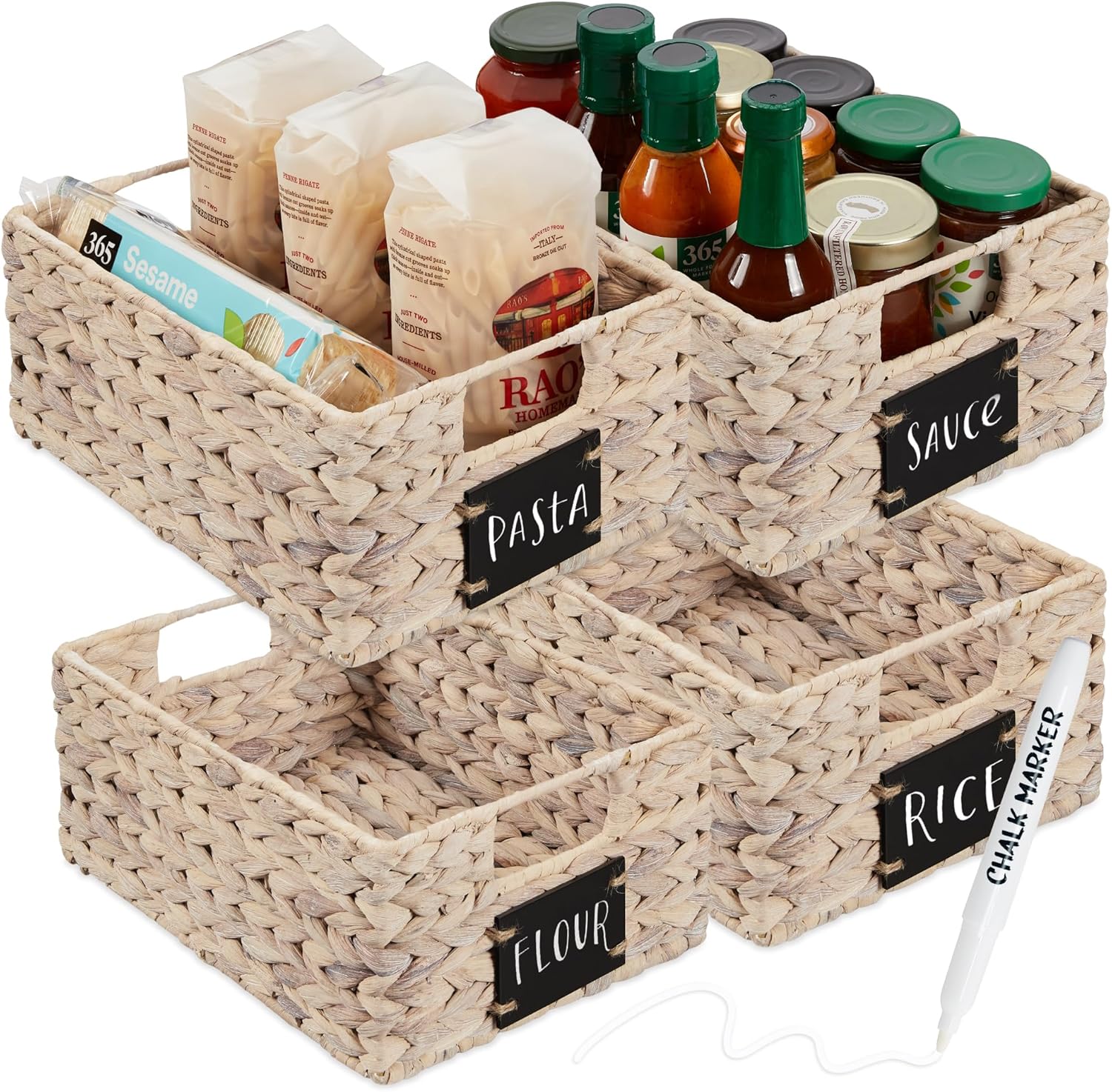 Water Hyacinth Pantry Baskets Set of 4 with Chalkboard Labels
