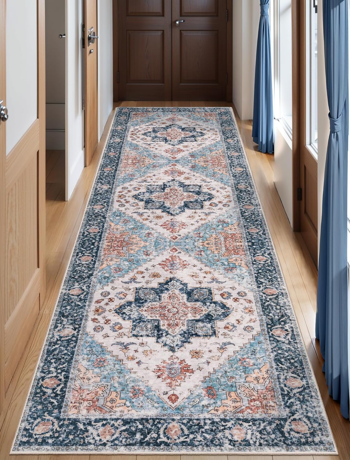 Boho Washable Runner Rug - Vintage Blue Orange Soft Carpet