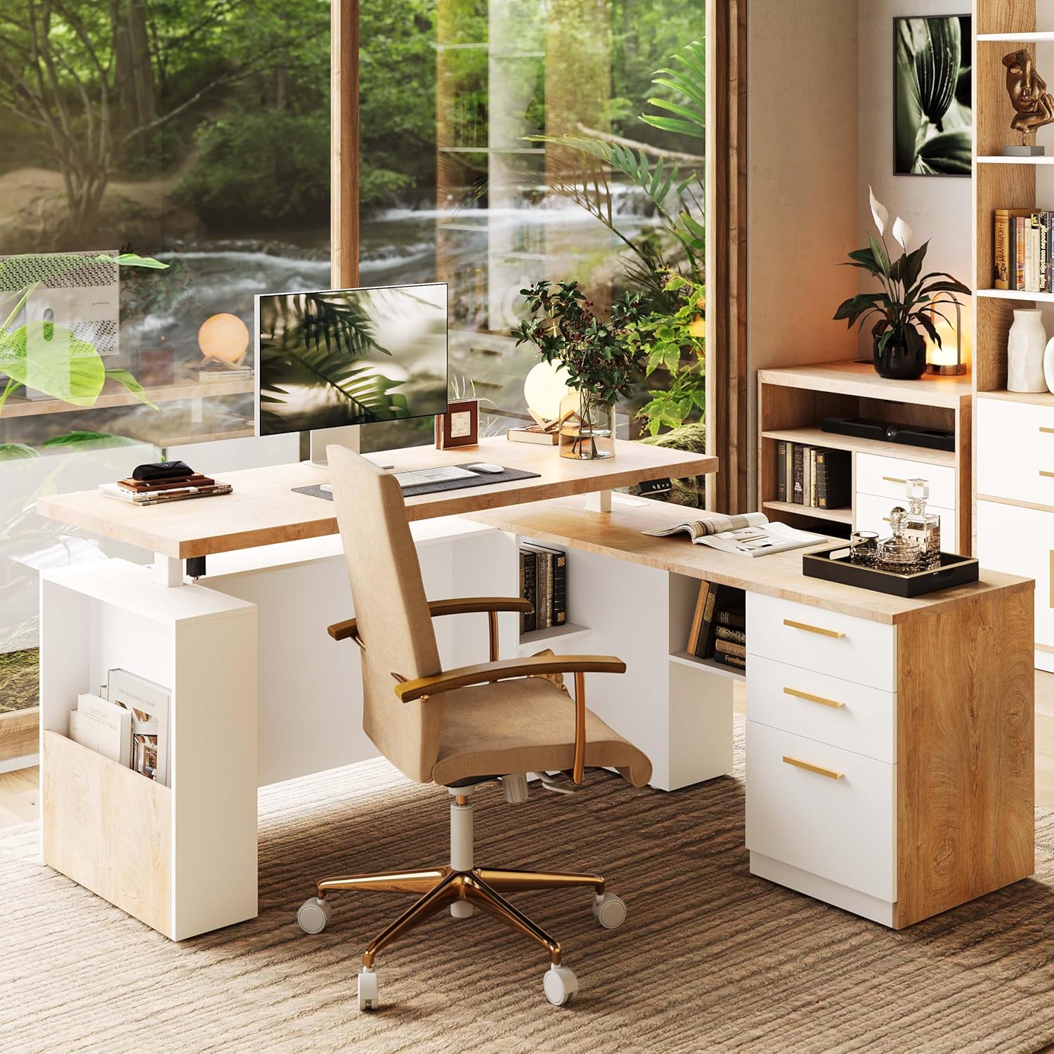 Executive L Shaped Electric Stand Up Desk - Height Adjustable with File Cabinet & Privacy Panel
