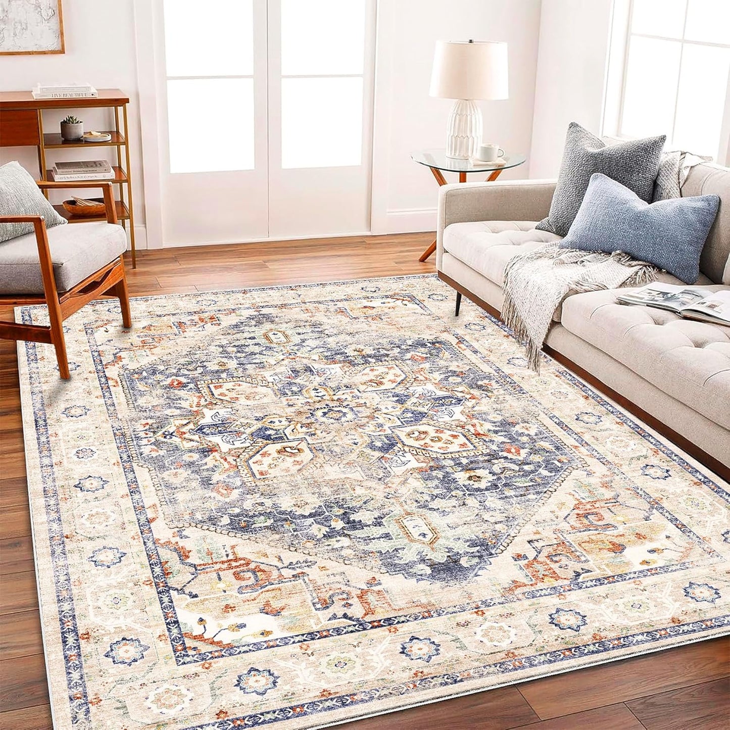 Vintage Traditional Area Rug 6ftx9ft Blue Khaki for Home Decor