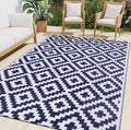 9x12 ft Waterproof Outdoor Rug in White & Navy - Reversible Patio Mat