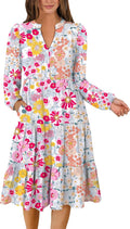 Long Sleeve Midi Dress V Neck Loose Fit Tiered Boho - Comfortable