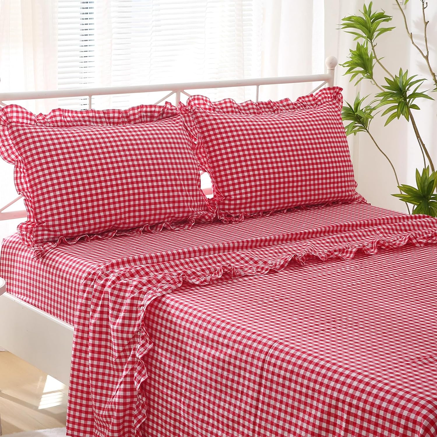 Red White Plaid Ruffle Sheets Twin Size 4-Piece Set for Comfort