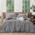 MooMee Gingham Duvet Cover Set Queen - Breathable Washed Cotton