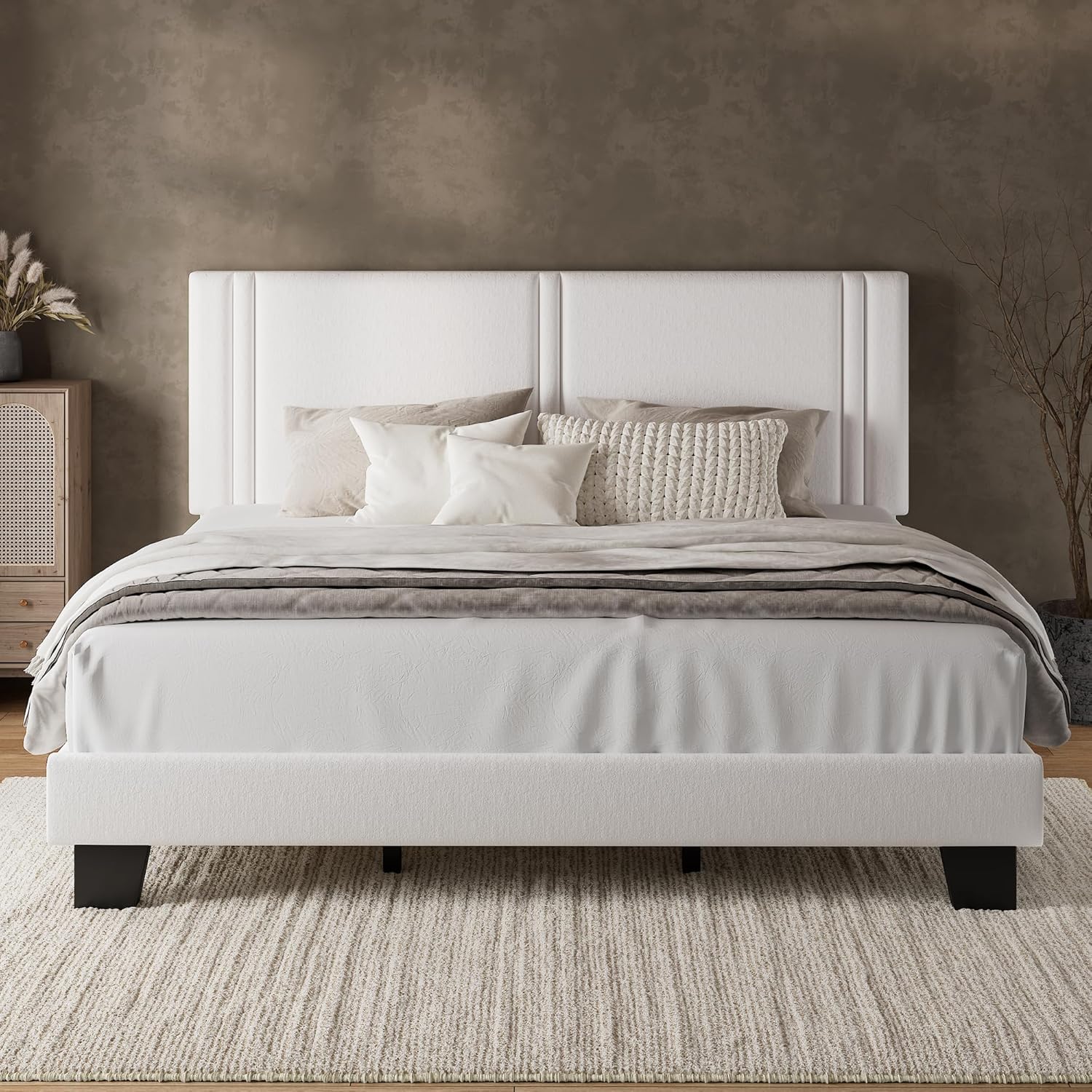 iPormis King Platform Bed Frame with Velvet Upholstered Headboard