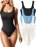 Women's 3 Piece Ribbed Square Neck Bodysuits - Seamless Stretch Pack