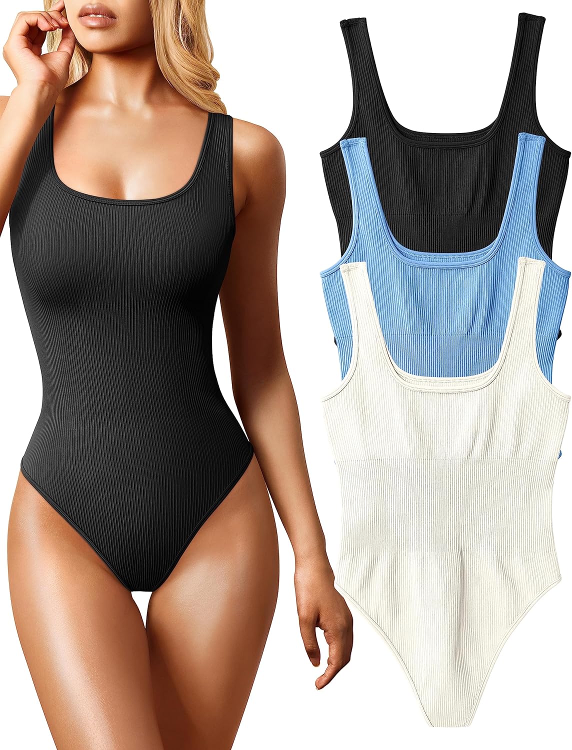 OQQ Women's 3 Piece Bodysuits: Sexy Ribbed Sleeveless Tops