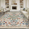 8x10 Washable Beige Floral Area Rug for Living Room - Soft Low Pile