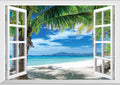 Fake Window Wall Mural Beach Palm Trees - 80in x 60in Faux Window