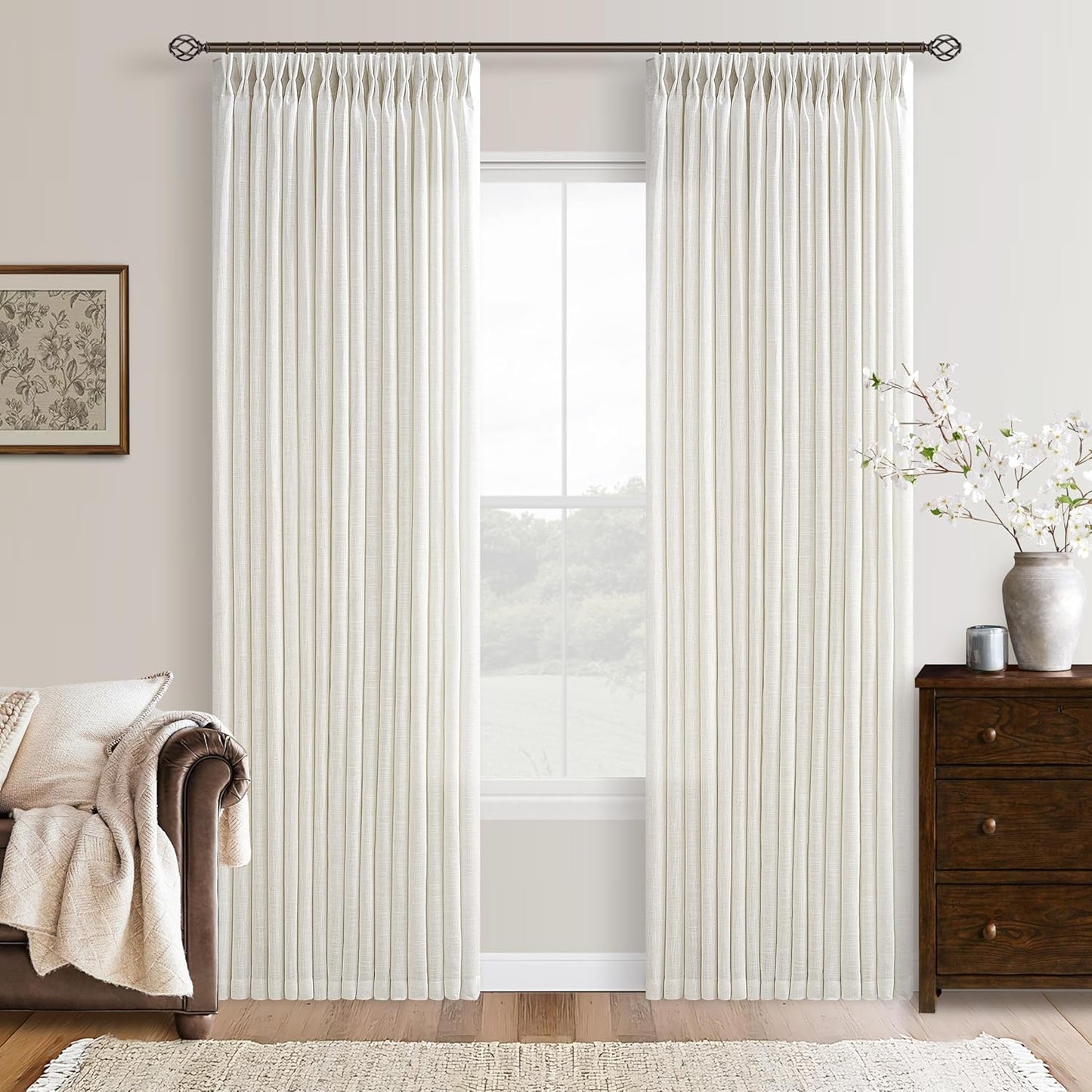 102 Inch Long Pinch Pleat Linen Curtains for Living Room