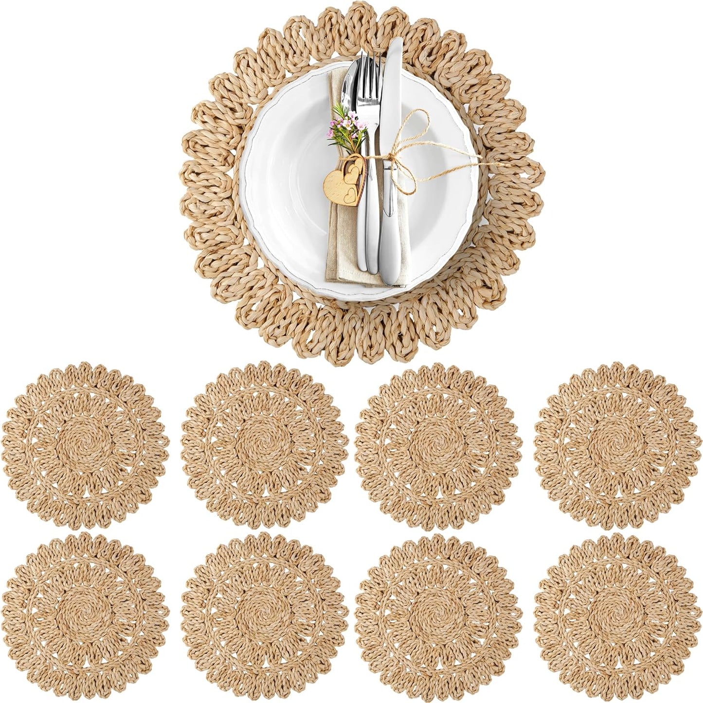 Natural Corn Husk Woven Round Placemats Set of 8 for Dining