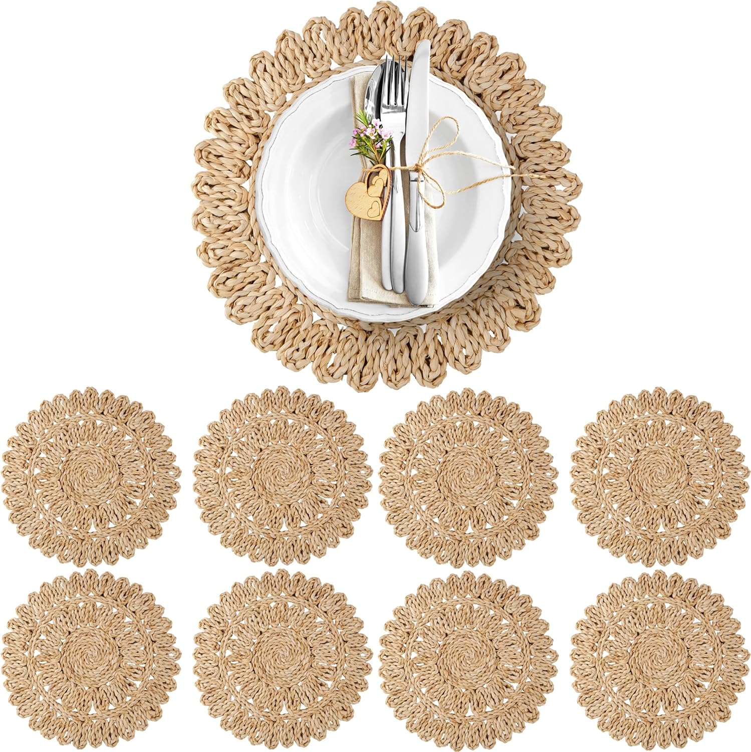 Natural Corn Husk Woven Round Placemats Set of 8 for Dining