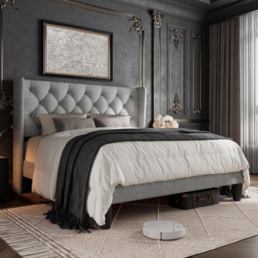 Queen Size Bed Frame with Button Tufted Headboard for Comfort