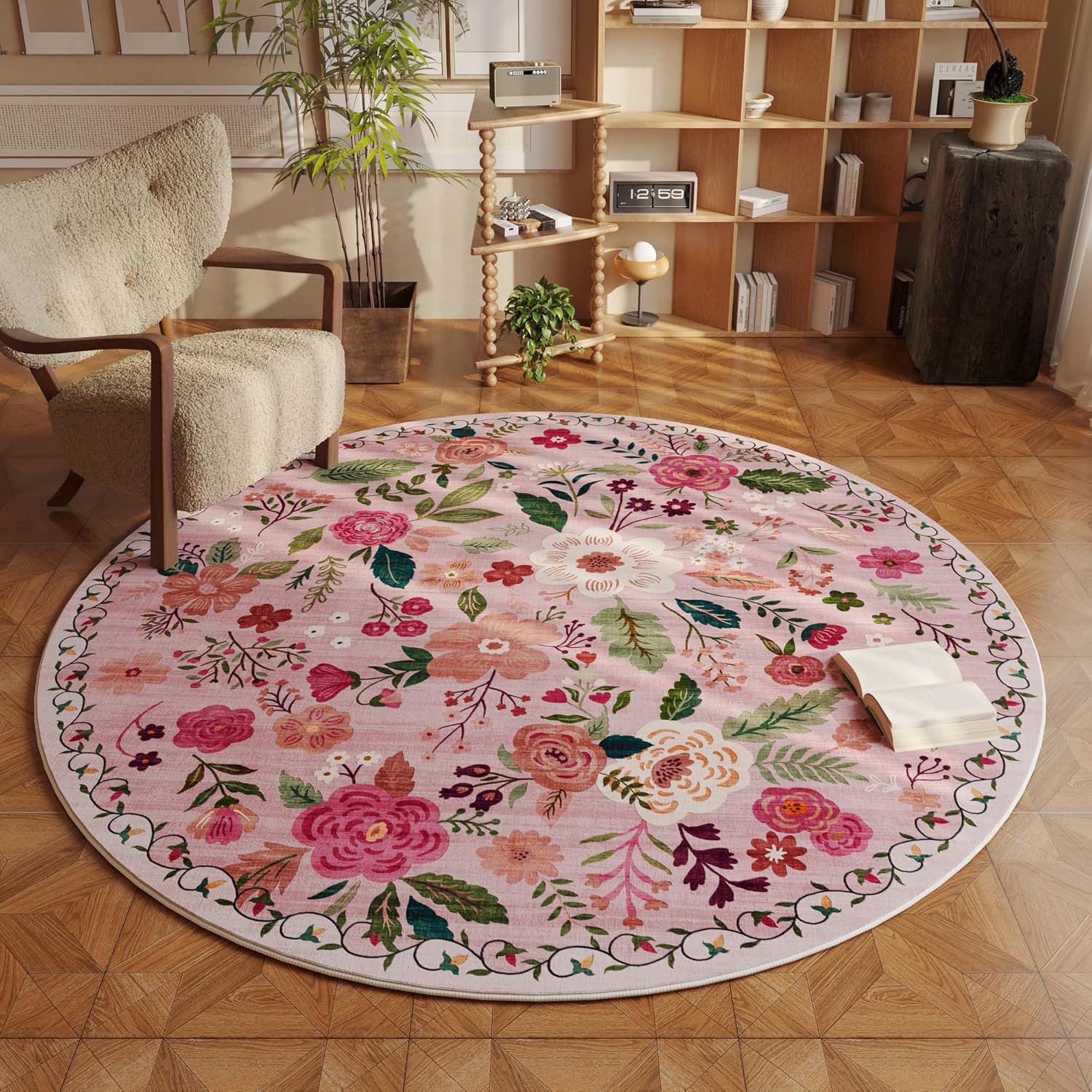 Round Washable Boho Floral Rug for Bedroom and Kids Room