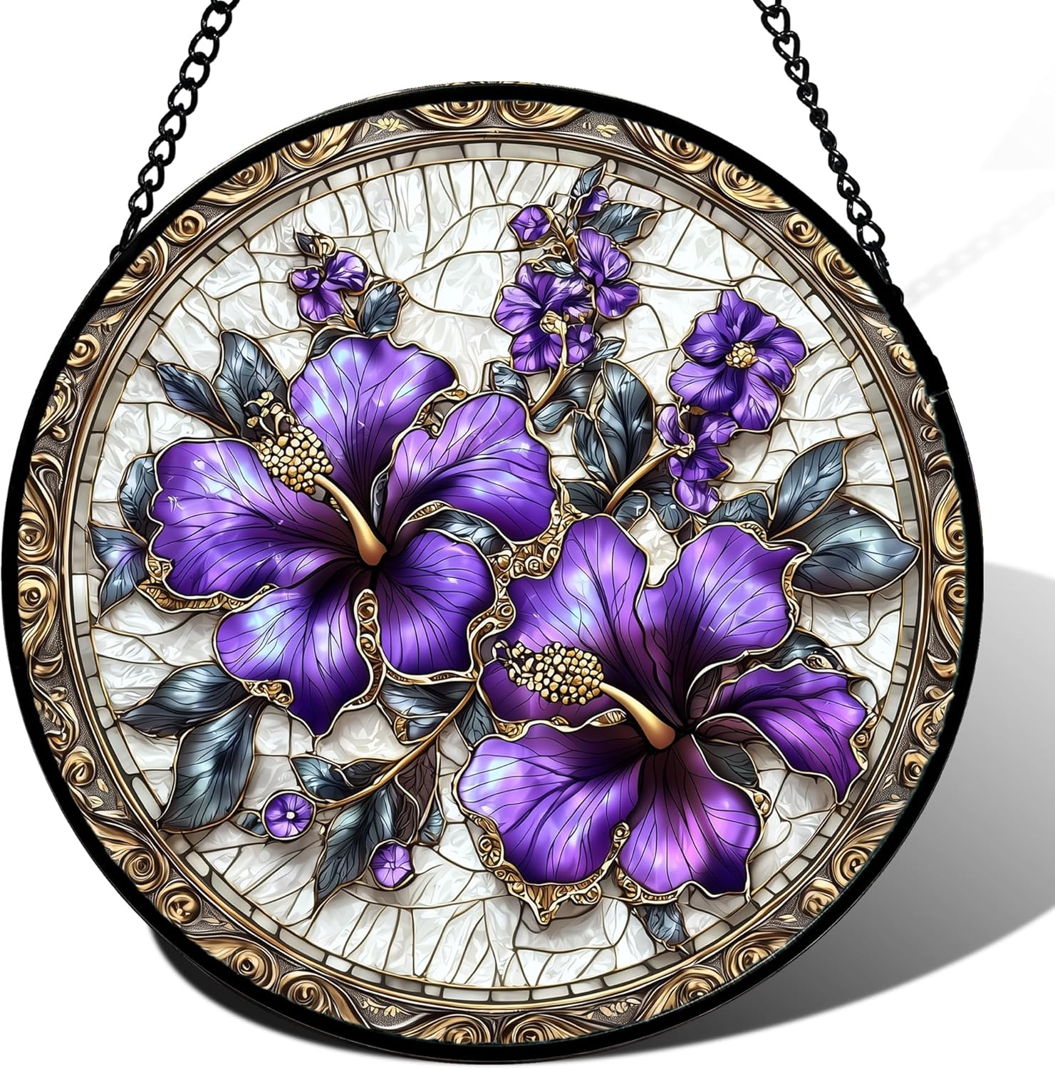 Stained Glass Window Hanging with Purple Flowers for Home Decor
