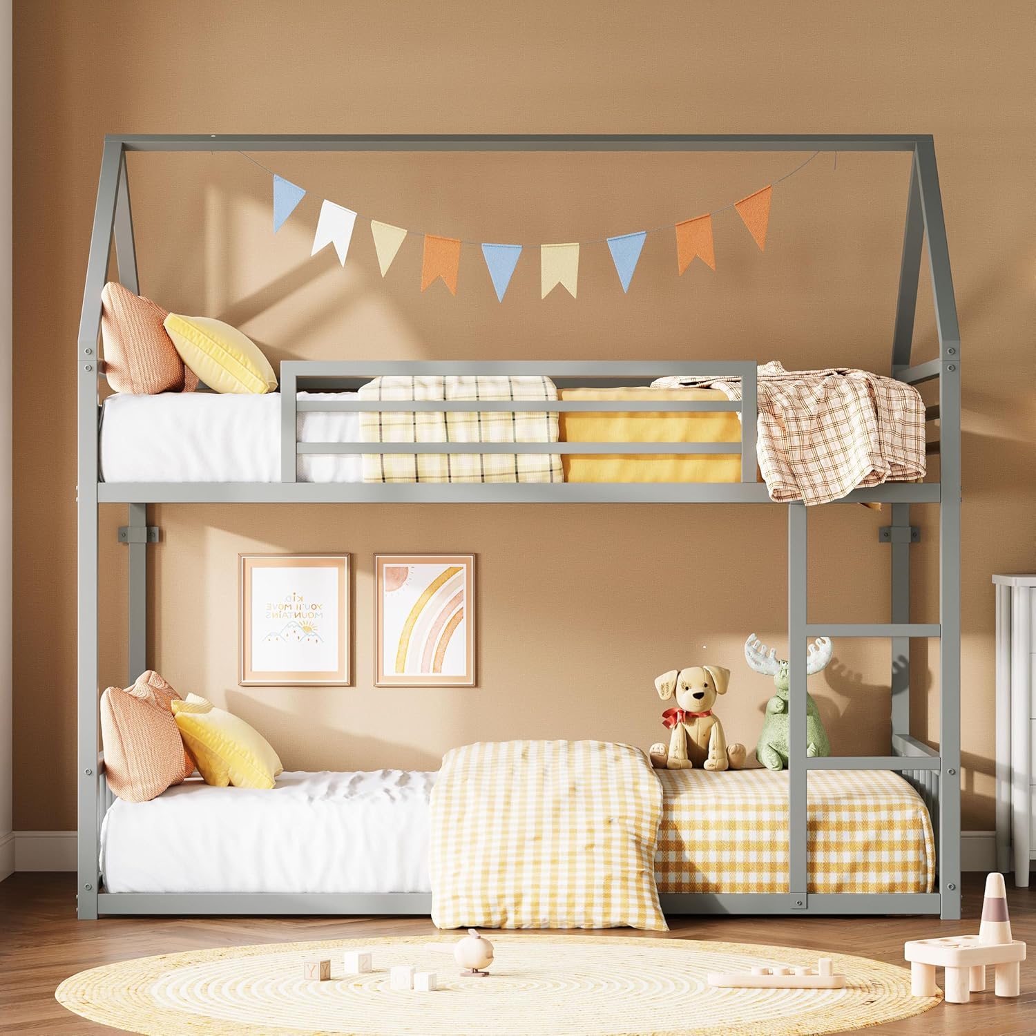 LIKIMIO Twin Over Twin Bunk Bed Frame with Ladder and Guardrail