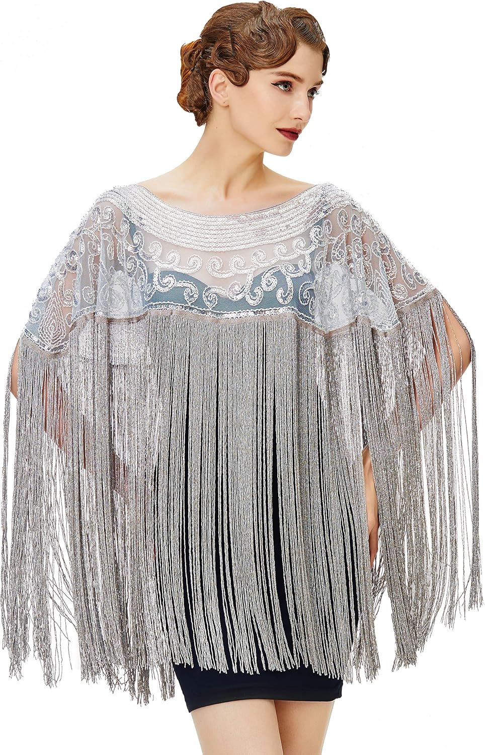 Elegant 1920s Shawl Wrap with Fringes and Sequins for Parties