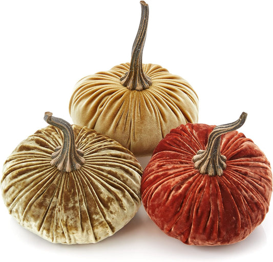 Set of 3 Velvet Pumpkins for Elegant Fall Home Decor