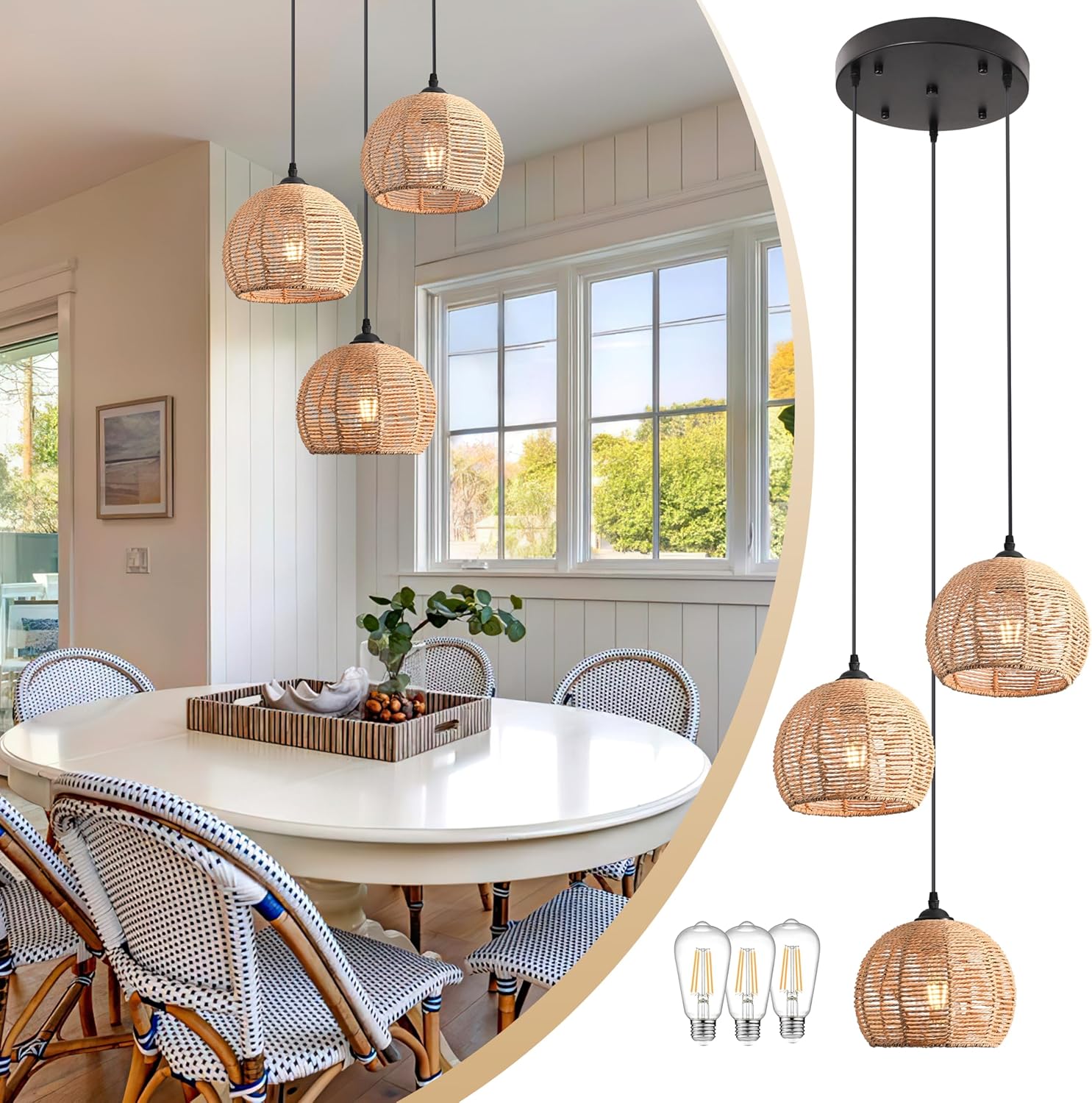 3-Light Mini Hemp Rope Woven Pendant Light for Rustic Spaces